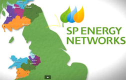 SP Energy Network logo + map of coverage areas including north-mid Wales